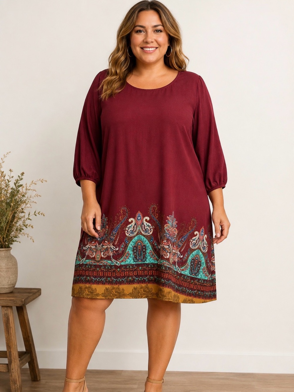 Rue+ Plus Size 2X Burgundy Paisley Border Print Boho Shift Dress 3/4 Sleeve